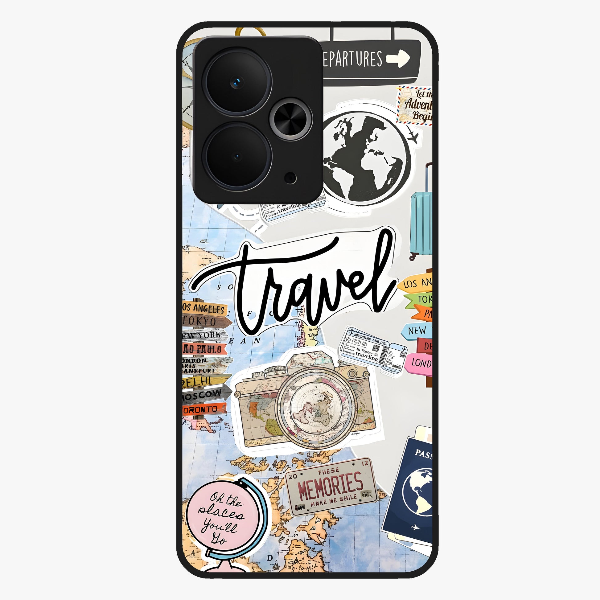 Wanderlust Journal Glass Case showing flat back view with travel inspired artwork and glossy glass finish.