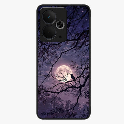 Whispering Moon Silence Glass Case showing flat back view with serene moon themed artwork and glossy glass finish.
