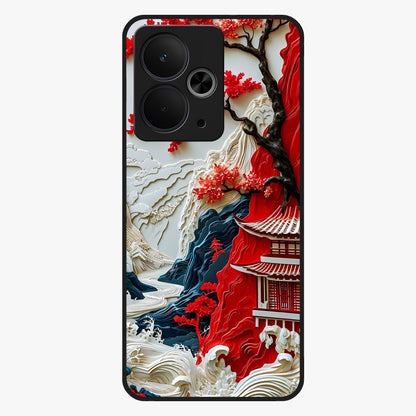 Whispers Of Sakura Waves Glass Case showing flat back view with cherry blossom wave artwork and glossy glass finish.