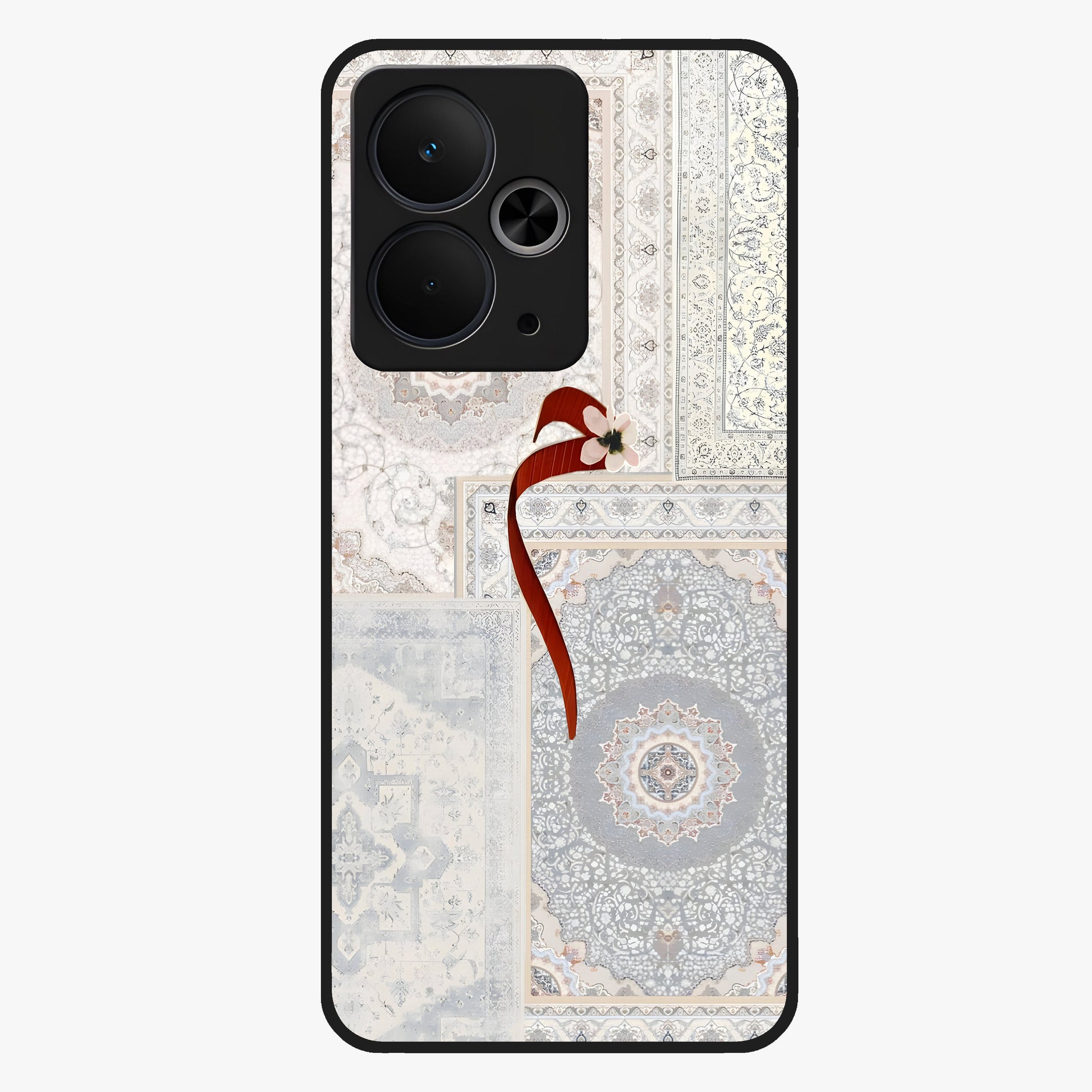 White Aesthetic Bow Glass Case showing flat back view with minimal bow artwork and glossy glass finish.