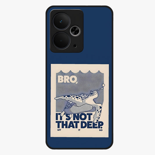 Worry Less Swim Glass Case showing flat back view with playful motivational artwork and glossy glass finish.