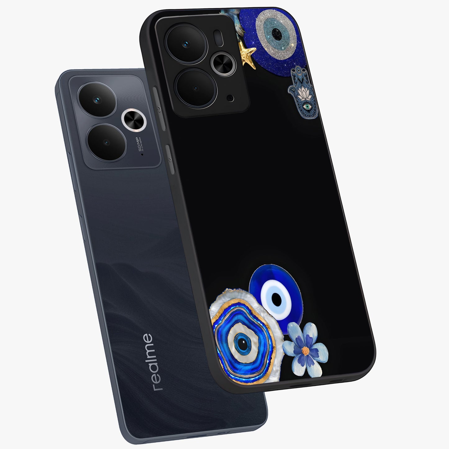 Aesthetic Blue Evil Eye Glass Case displayed in angled mockup highlighting blue evil eye symbol and spiritual aesthetic design.