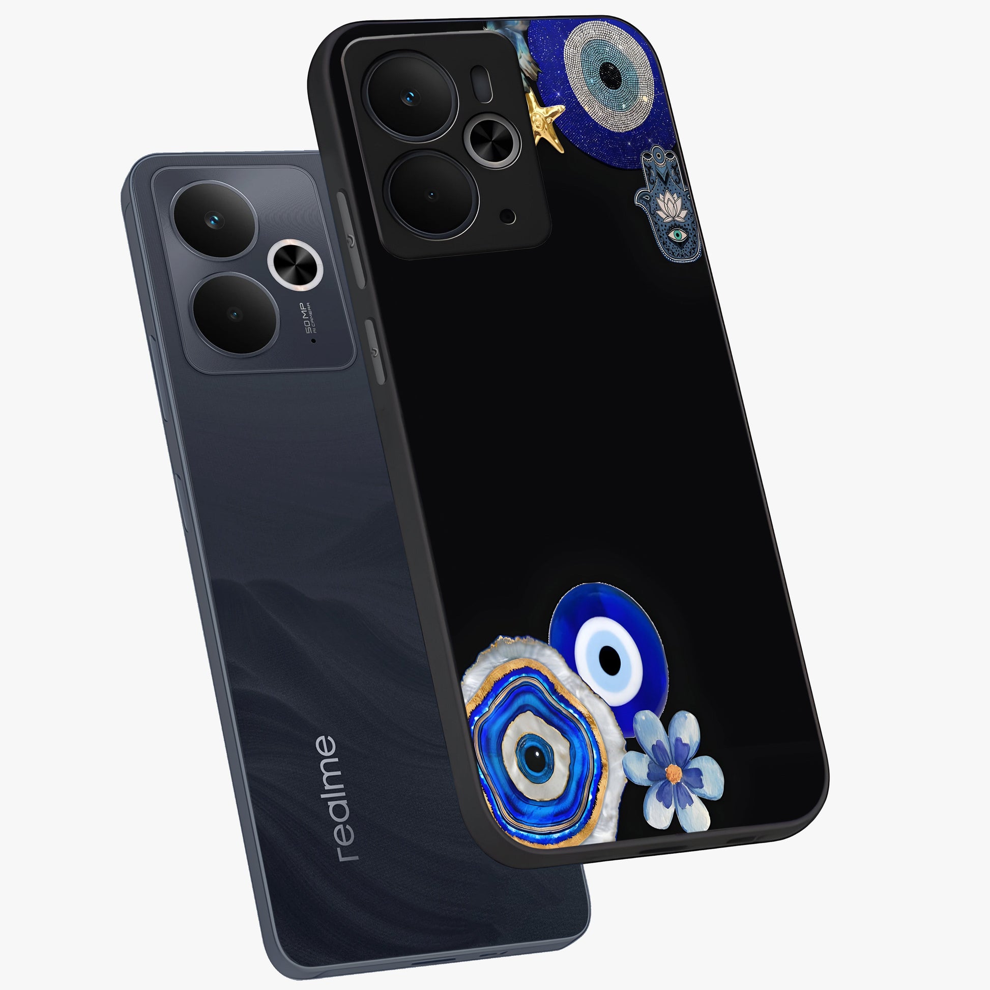 Aesthetic Blue Evil Eye Glass Case displayed in angled mockup highlighting blue evil eye symbol and spiritual aesthetic design.