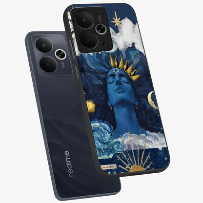 Aesthetic Lord Shiva Glass Case displayed in angled mockup highlighting spiritual Shiva illustration and sacred aesthetic design.