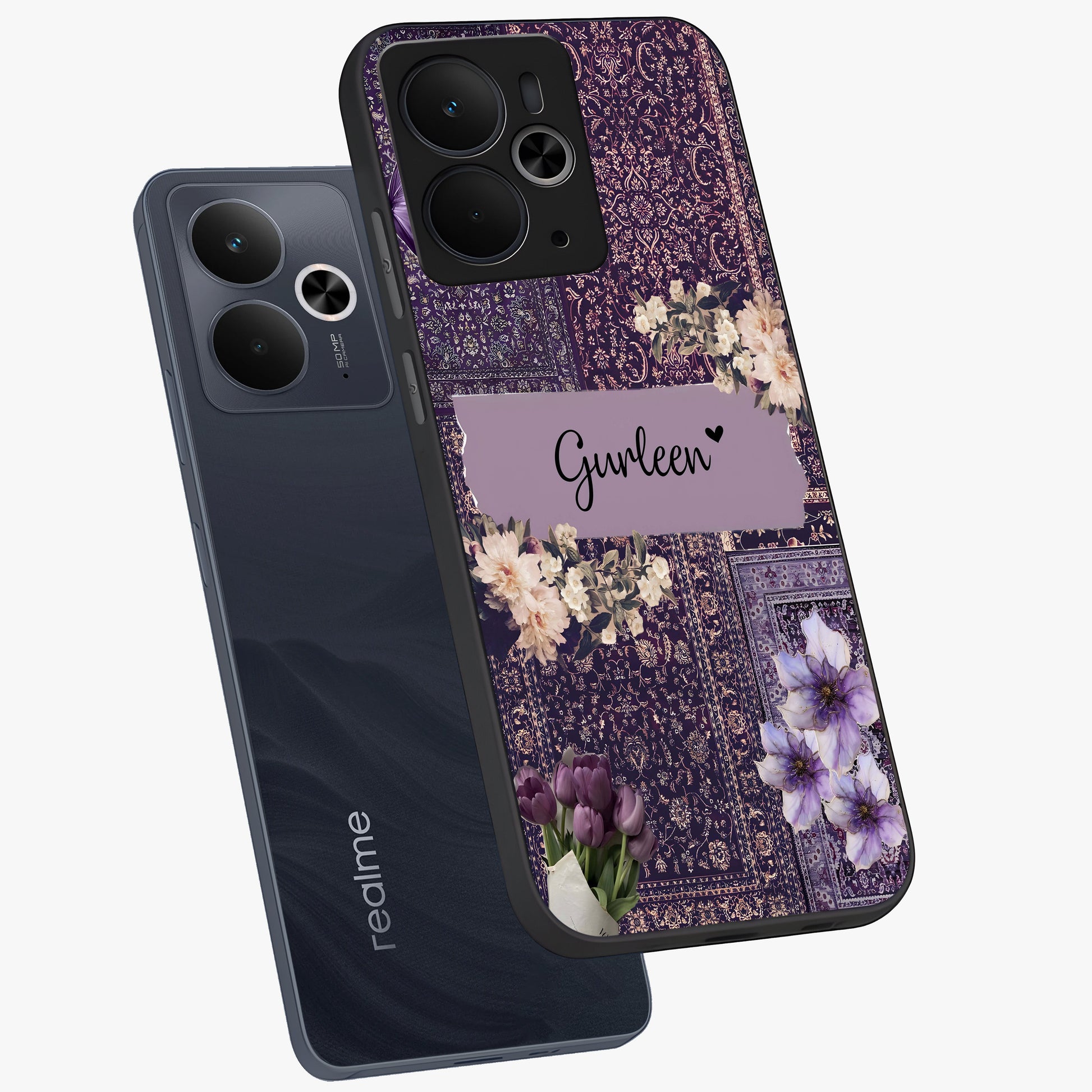Antique Floral Whisper Custom Name Glass Case displayed in angled mockup highlighting elegant antique floral aesthetic.