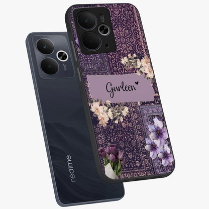 Antique Floral Whisper Custom Name Glass Case displayed in angled mockup highlighting elegant antique floral aesthetic.