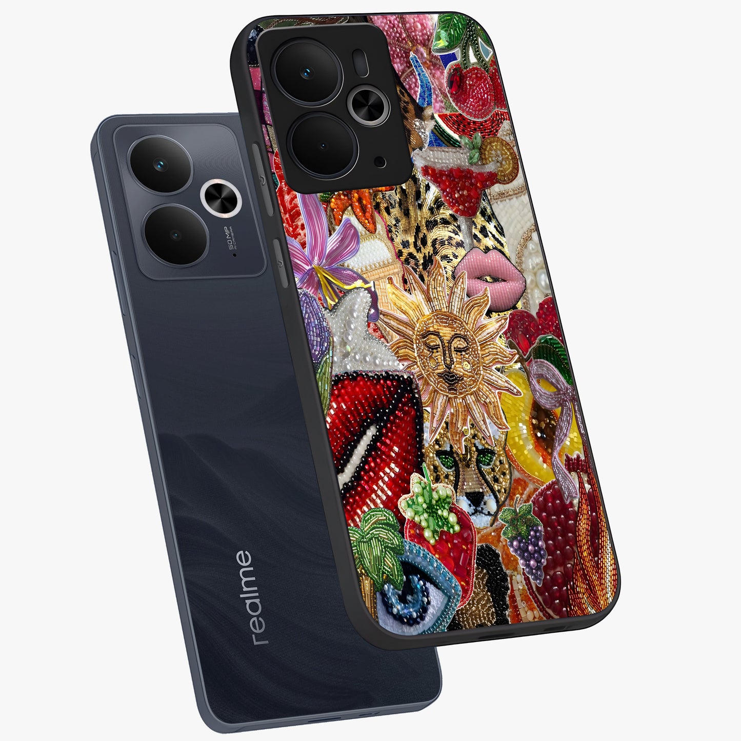 Beaded Fashion Jungle Glass Case displayed in angled mockup highlighting colorful fashion bead design and artistic pattern.