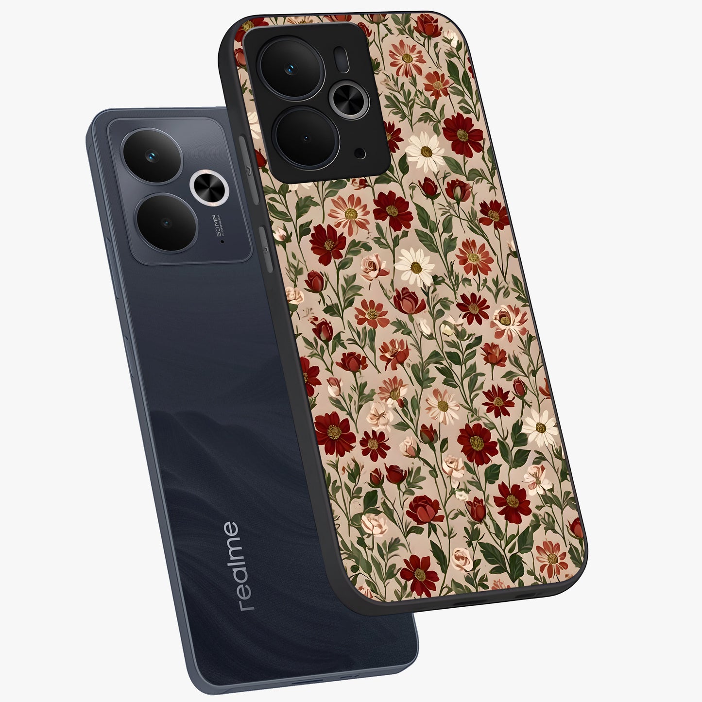 Biege Flower With Leaf Glass Case displayed in angled mockup highlighting minimal floral leaf design and elegant aesthetic.