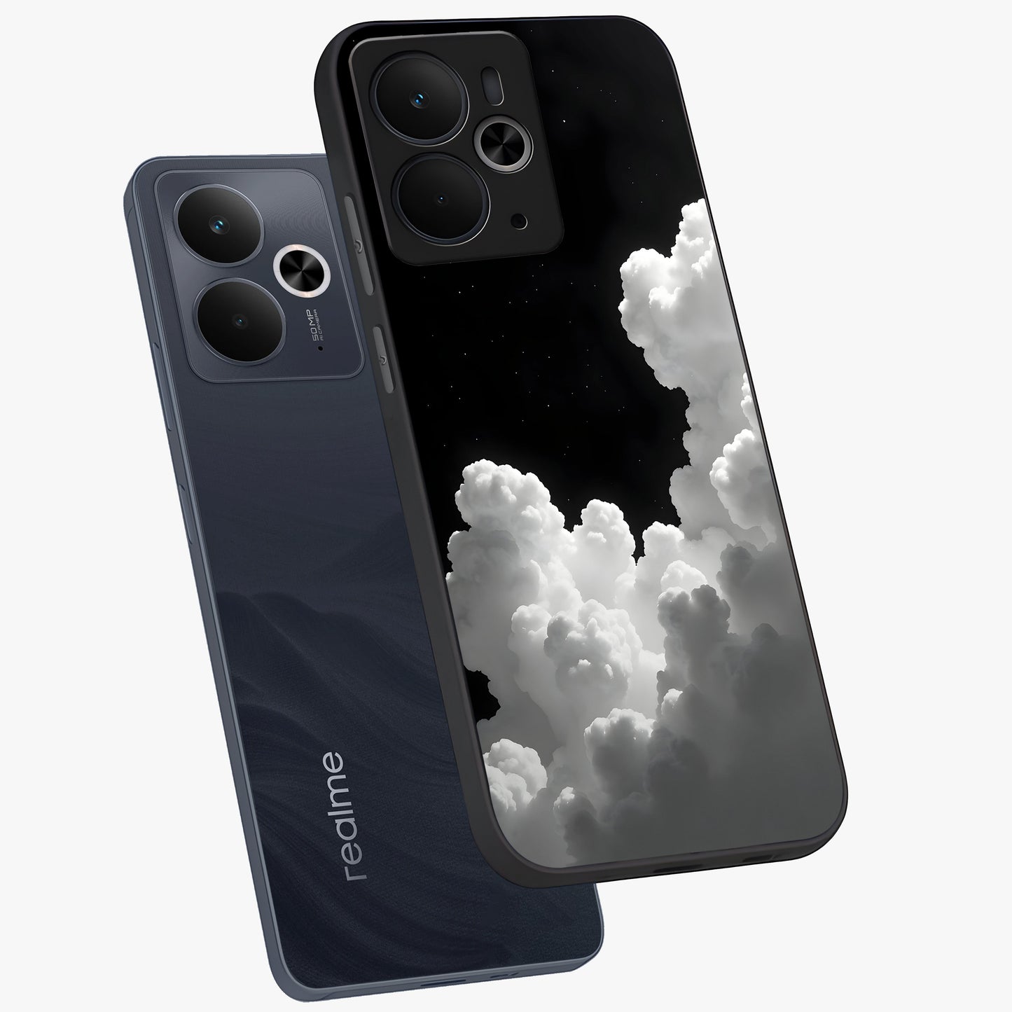 Black Background With White Cloud Glass Case displayed in angled mockup highlighting soft white cloud illustration and minimal design.