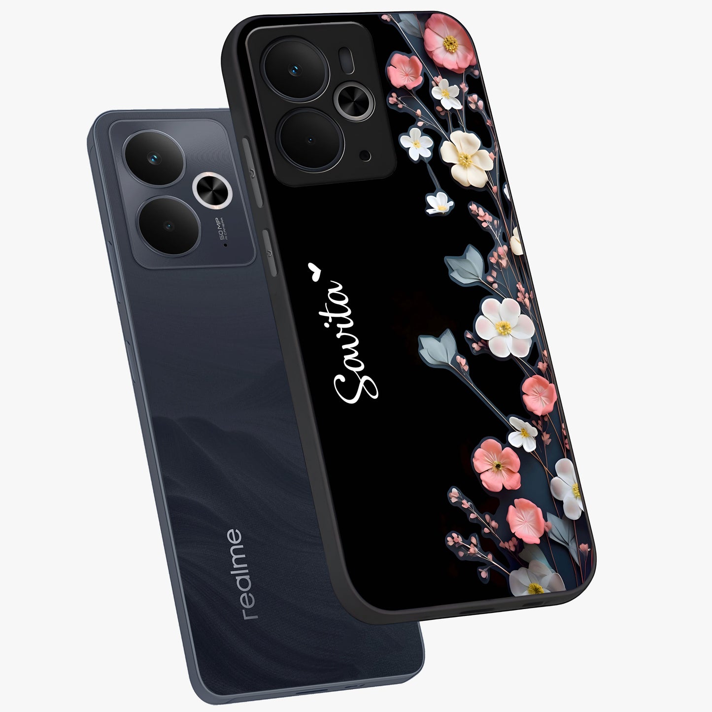Black Elegance Floral Custom Name Glass Case displayed in angled mockup highlighting dark floral aesthetic and custom name feature.
