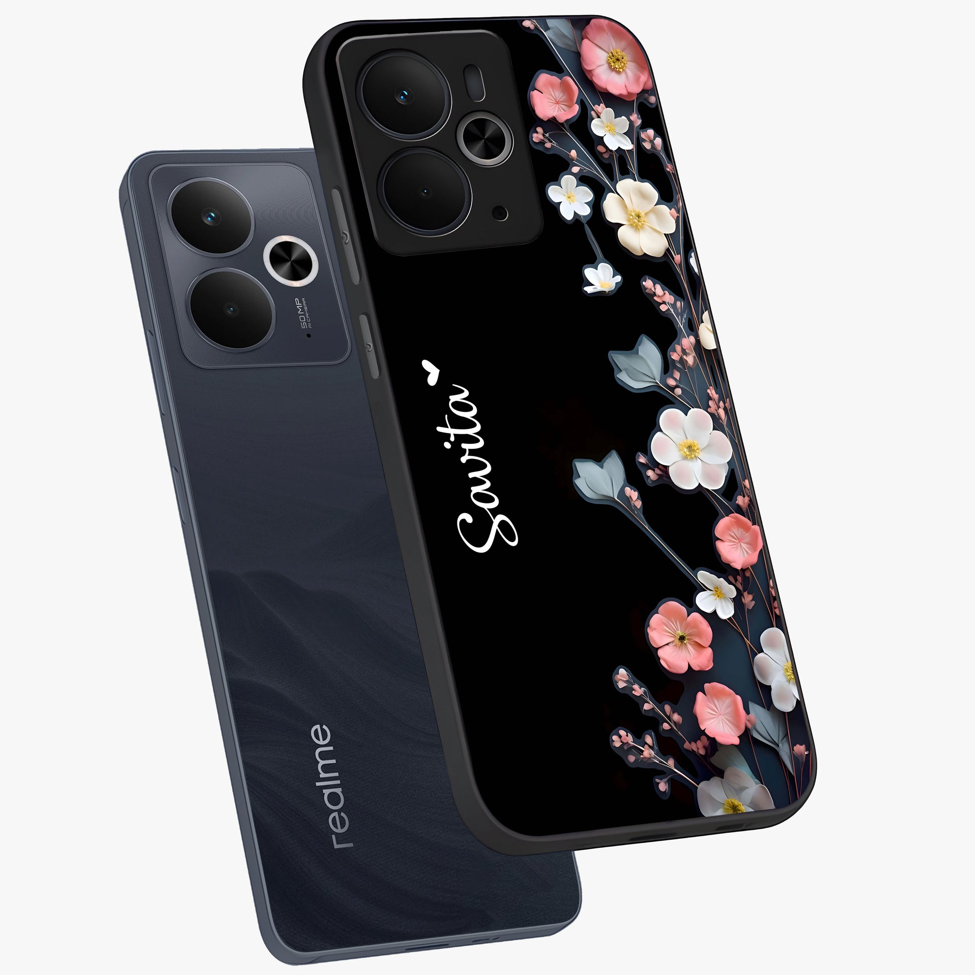 Black Elegance Floral Custom Name Glass Case displayed in angled mockup highlighting dark floral aesthetic and custom name feature.