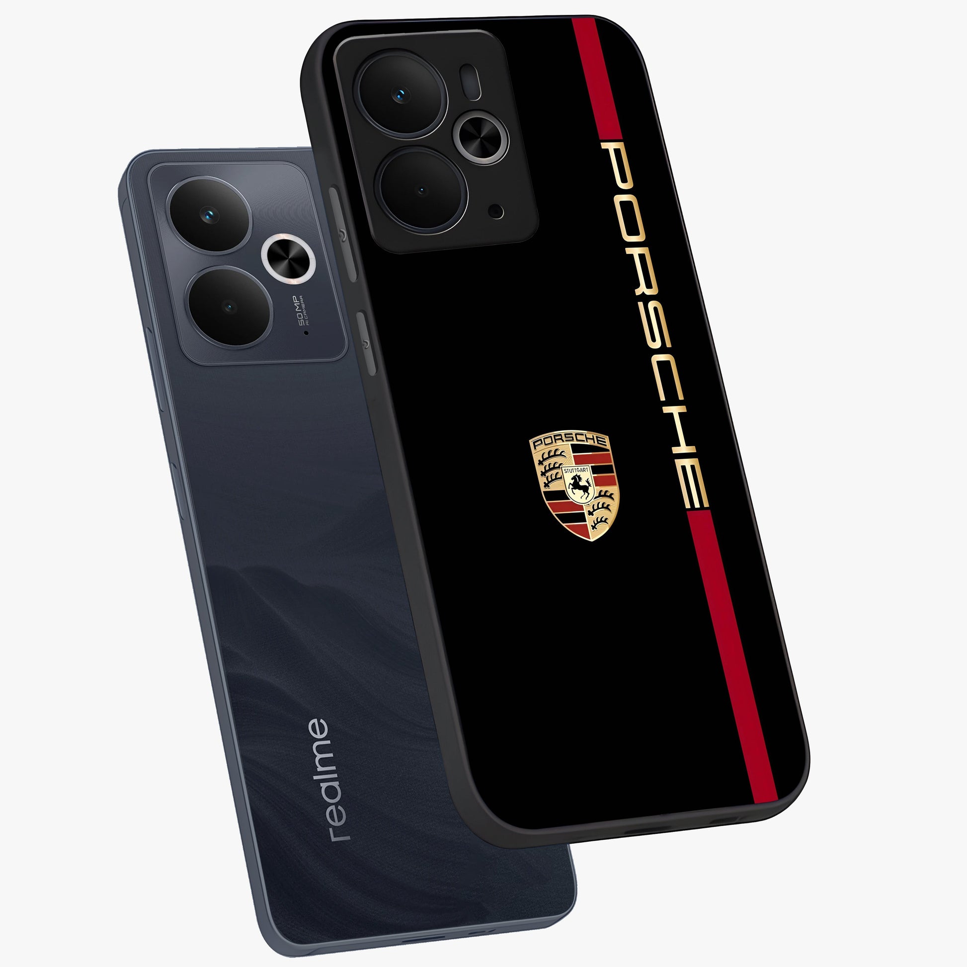 Black Minimal Porsche Glass Case displayed in angled mockup highlighting modern minimal car illustration and clean aesthetic design.