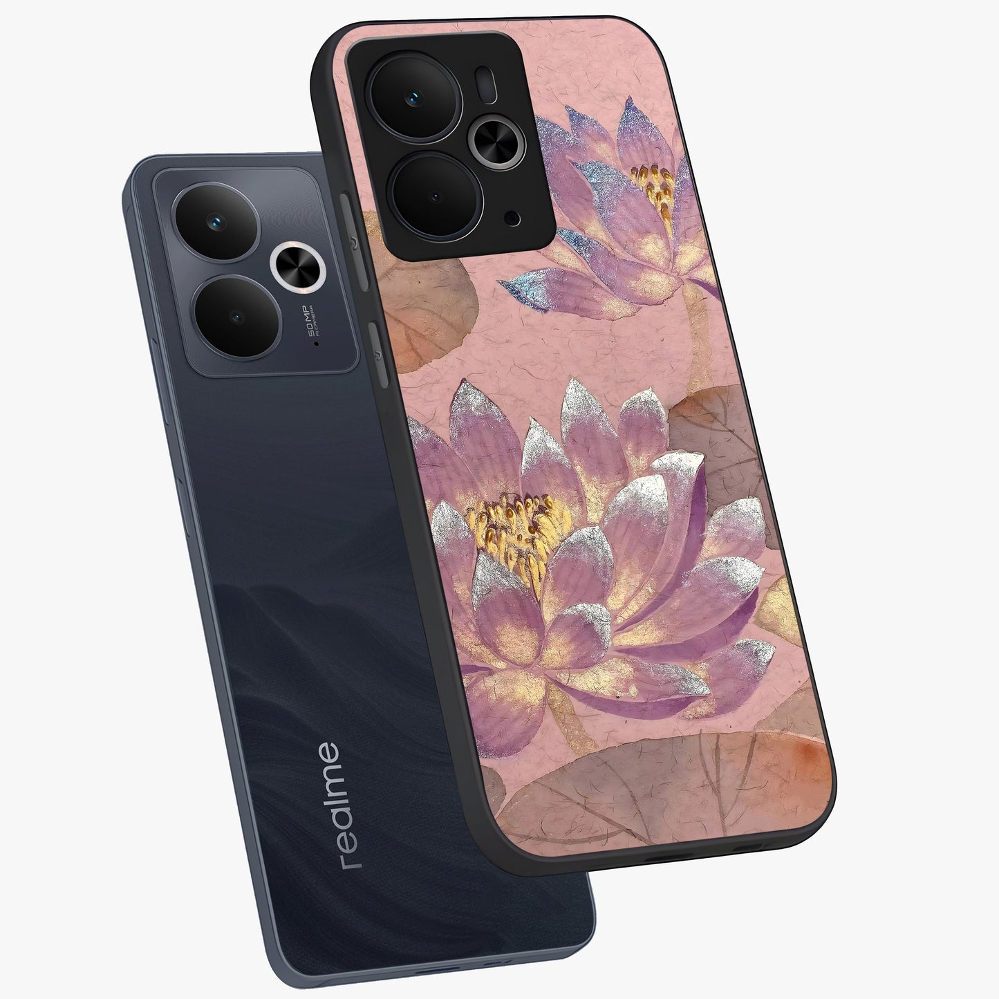 Blossom Mist Lotus Glass Case displayed in angled mockup highlighting delicate lotus illustration with calm aesthetic theme.