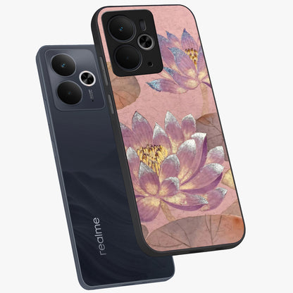 Blossom Mist Lotus Glass Case displayed in angled mockup highlighting delicate lotus illustration with calm aesthetic theme.