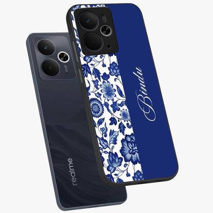 Blue Vintage Floral Pattern Glass Case displayed in angled mockup highlighting subtle bloom pattern with aesthetic pastel design.
