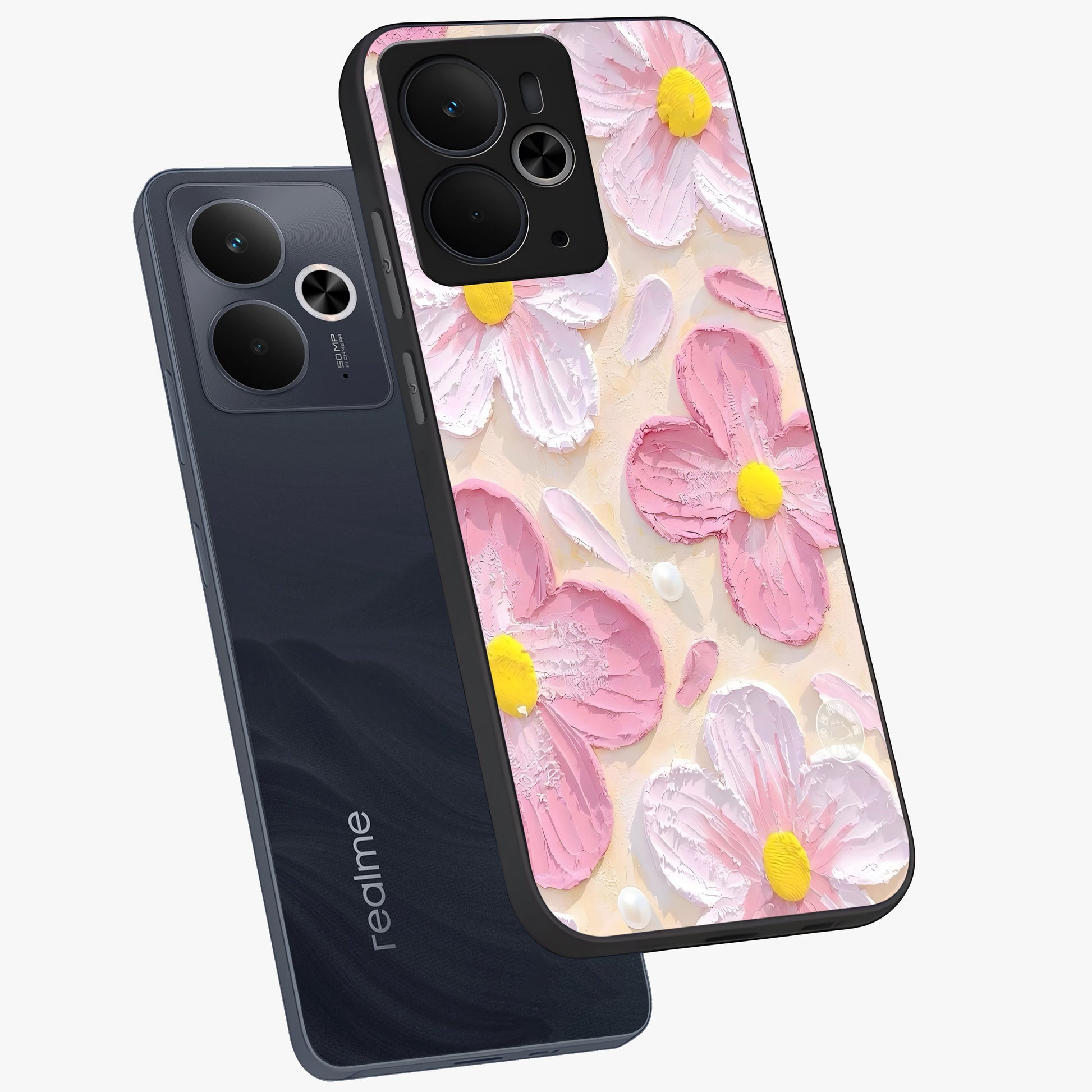 Blush Bloom Texture Glass Case displayed in angled mockup highlighting subtle bloom pattern with aesthetic pastel design.