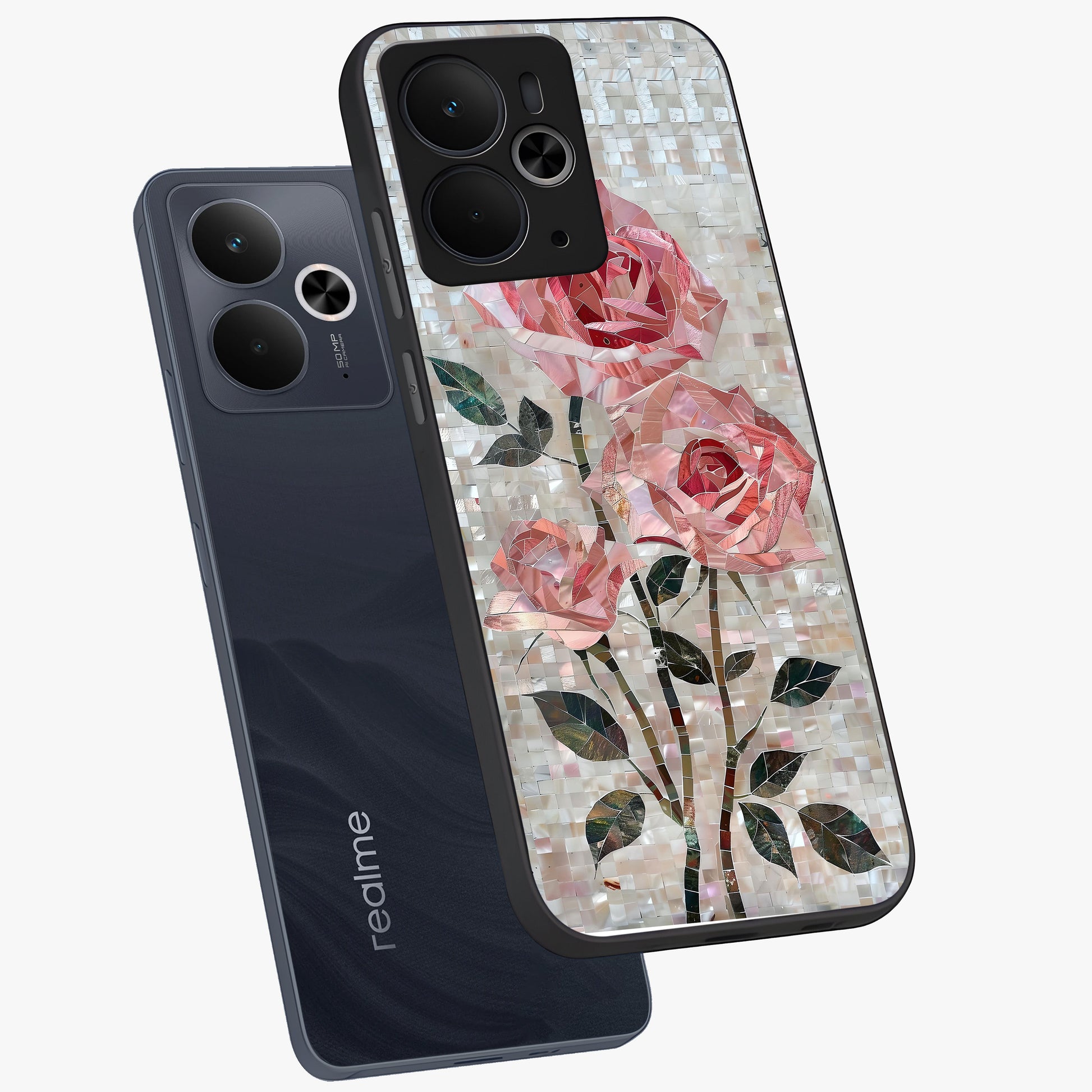 Blush Mosaic Bloom Glass Case displayed in angled mockup highlighting artistic mosaic flower pattern with aesthetic design.