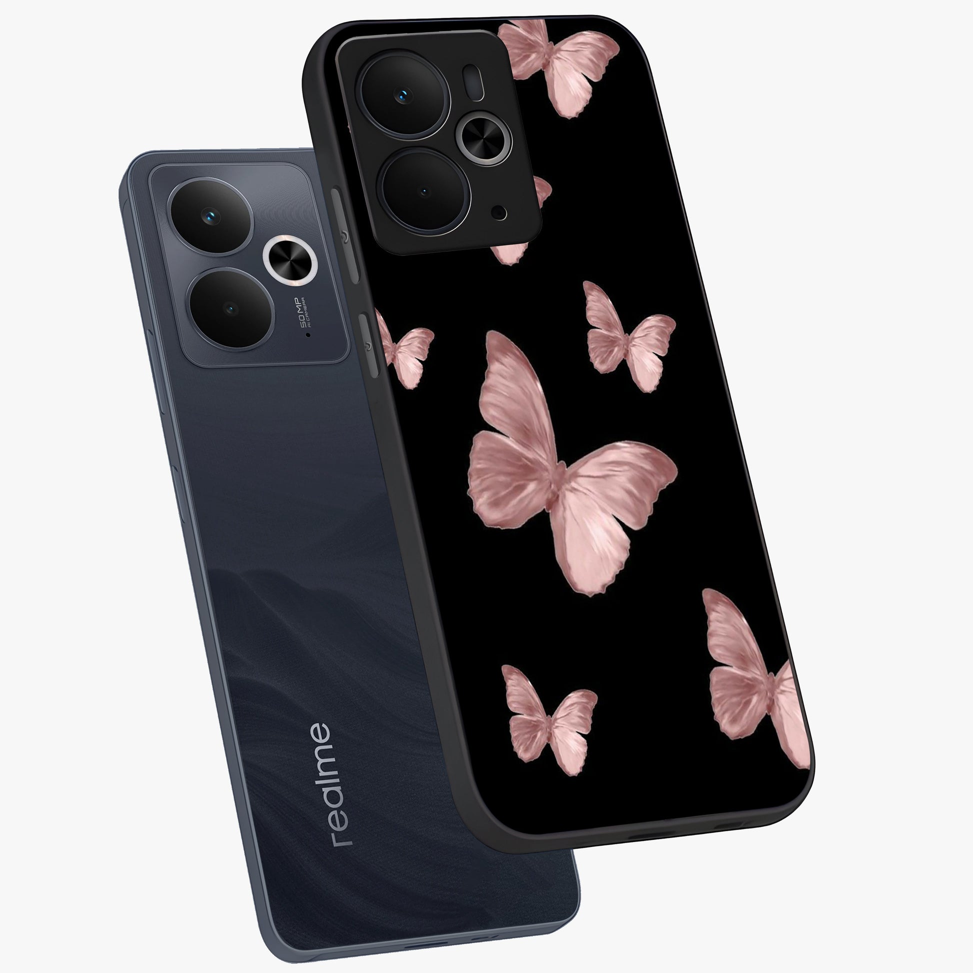 Butterfly Pattern Glass Case displayed in angled mockup highlighting delicate butterfly design and aesthetic pattern style.