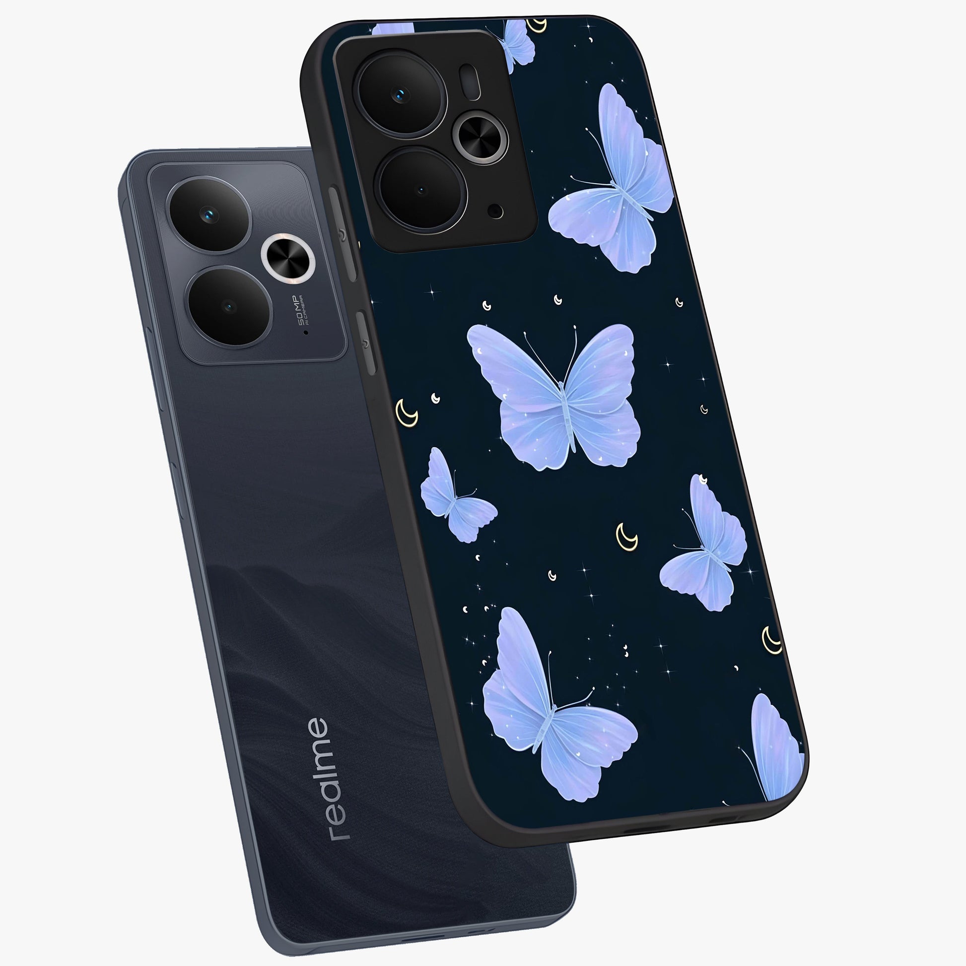 Butterfly With Stars Pattern Glass Case displayed in angled mockup highlighting dreamy butterfly and star design with aesthetic theme.