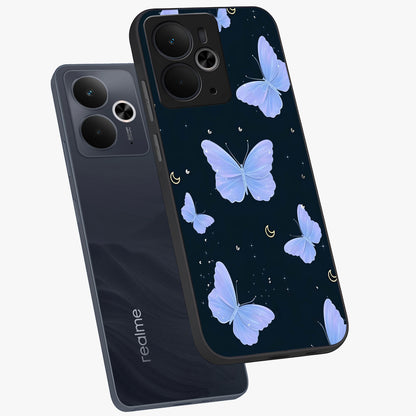 Butterfly With Stars Pattern Glass Case displayed in angled mockup highlighting dreamy butterfly and star design with aesthetic theme.