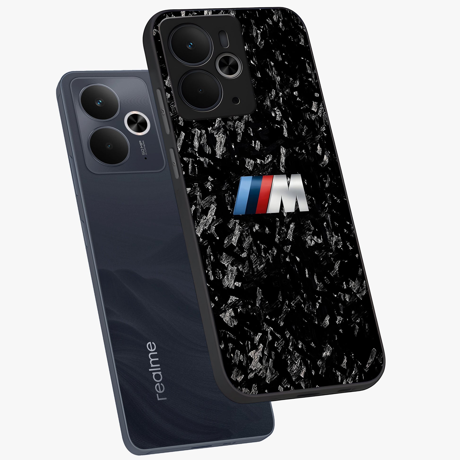 Carbon Speed Mark Glass Case displayed in angled mockup highlighting racing inspired carbon design and sleek aesthetic style.