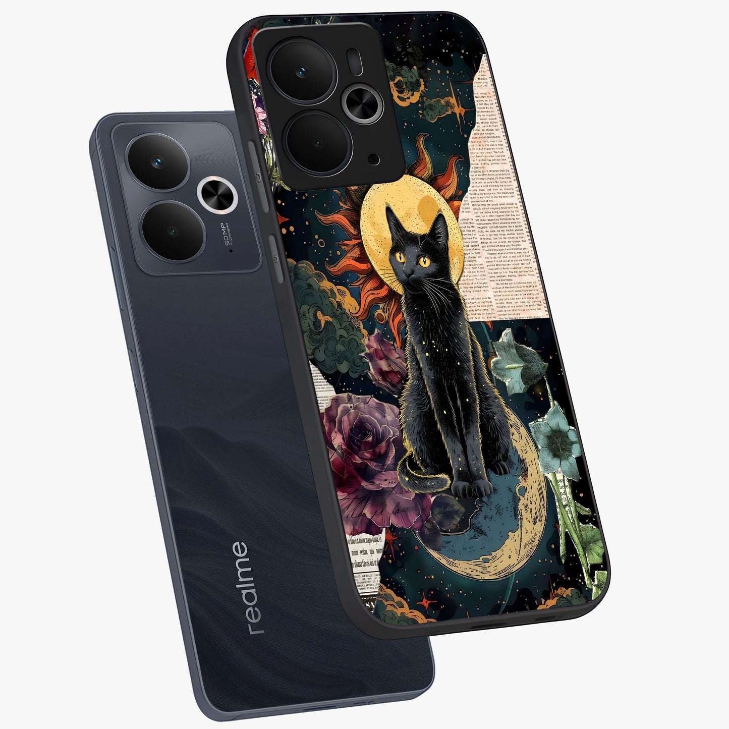 Celestial Black Cat Glass Case displayed in angled mockup highlighting cosmic black cat design with celestial aesthetic.