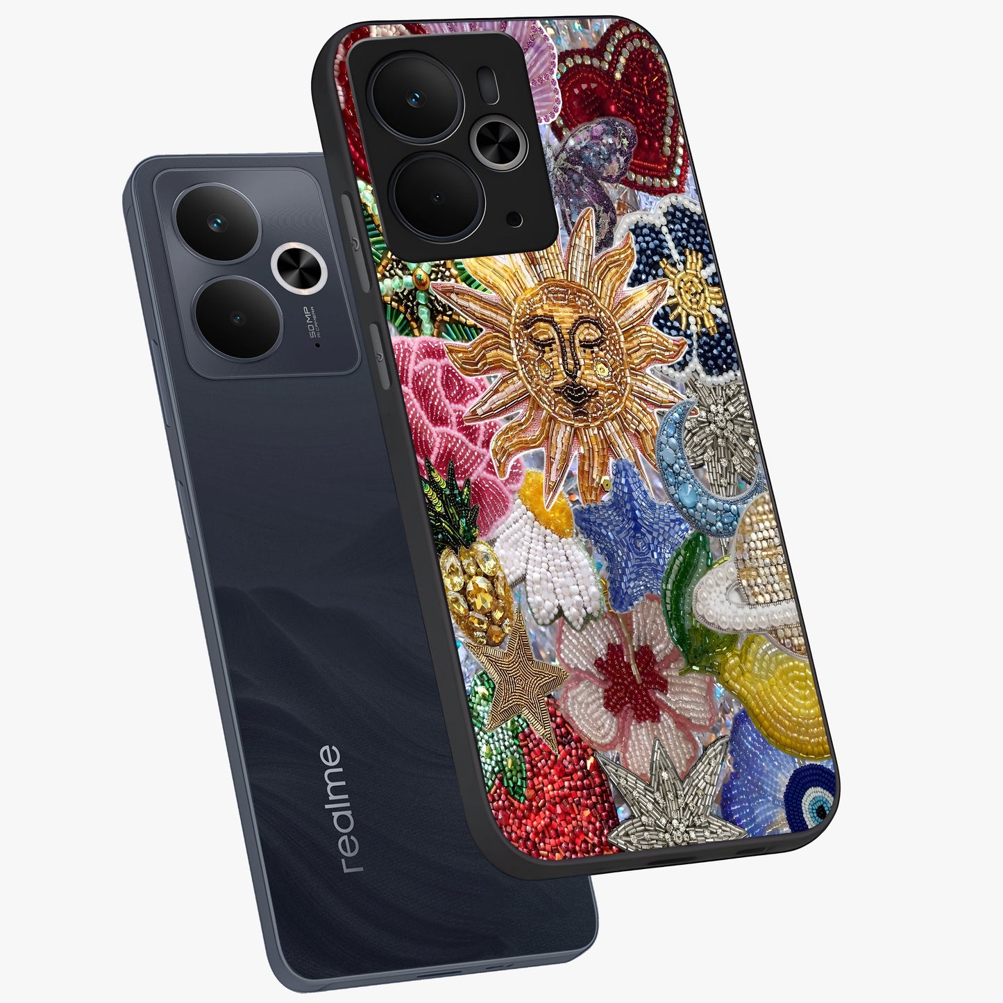 Celestial Floral and Playful Glass Case displayed in angled mockup highlighting playful floral design with dreamy celestial elements.