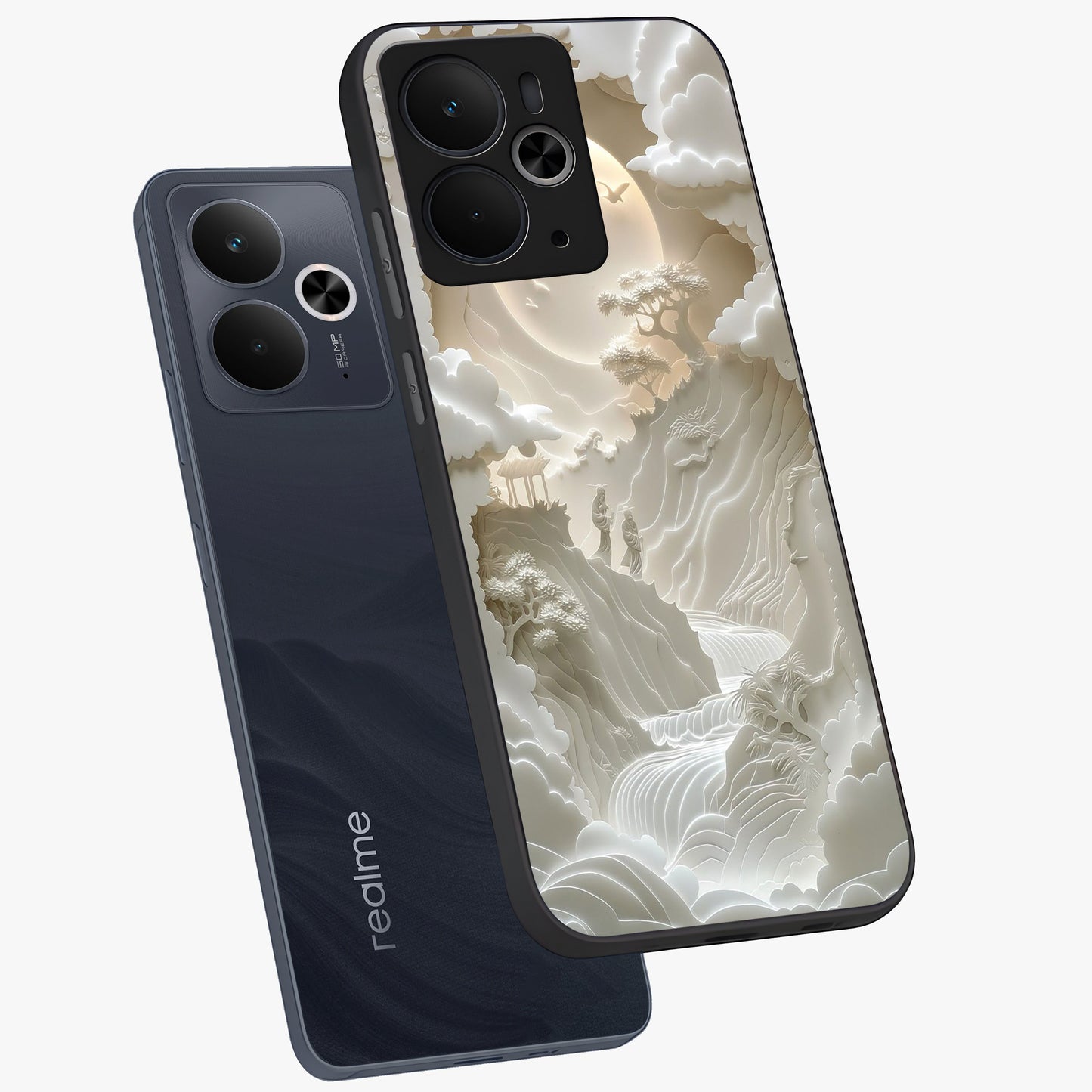 Celestial Origami Glass Case displayed in angled mockup highlighting geometric origami design with cosmic aesthetic theme.