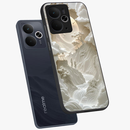 Celestial Origami Glass Case displayed in angled mockup highlighting geometric origami design with cosmic aesthetic theme.