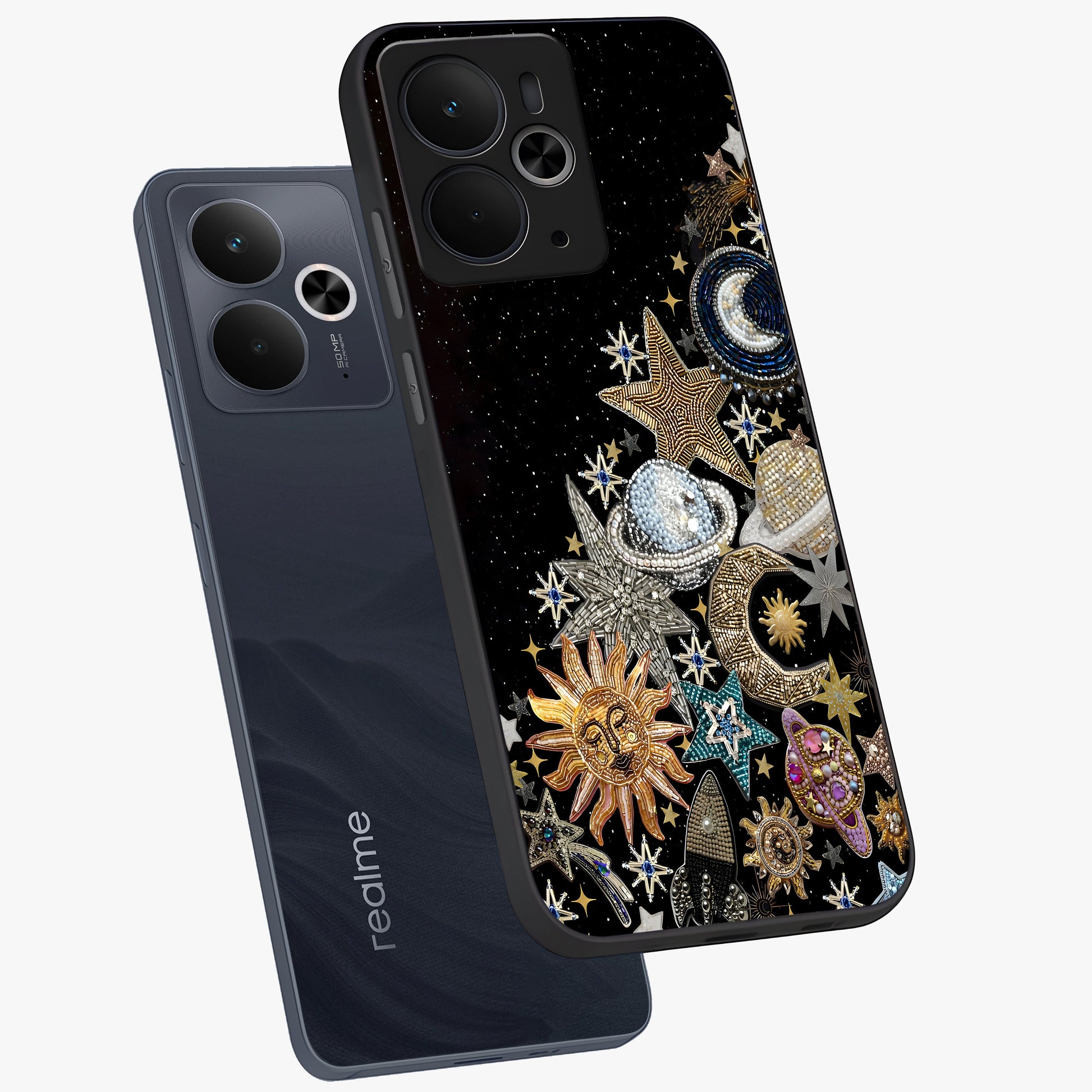 Cosmic Sparkle Dreams Glass Case displayed in angled mockup highlighting dreamy star sparkle design with celestial aesthetic.