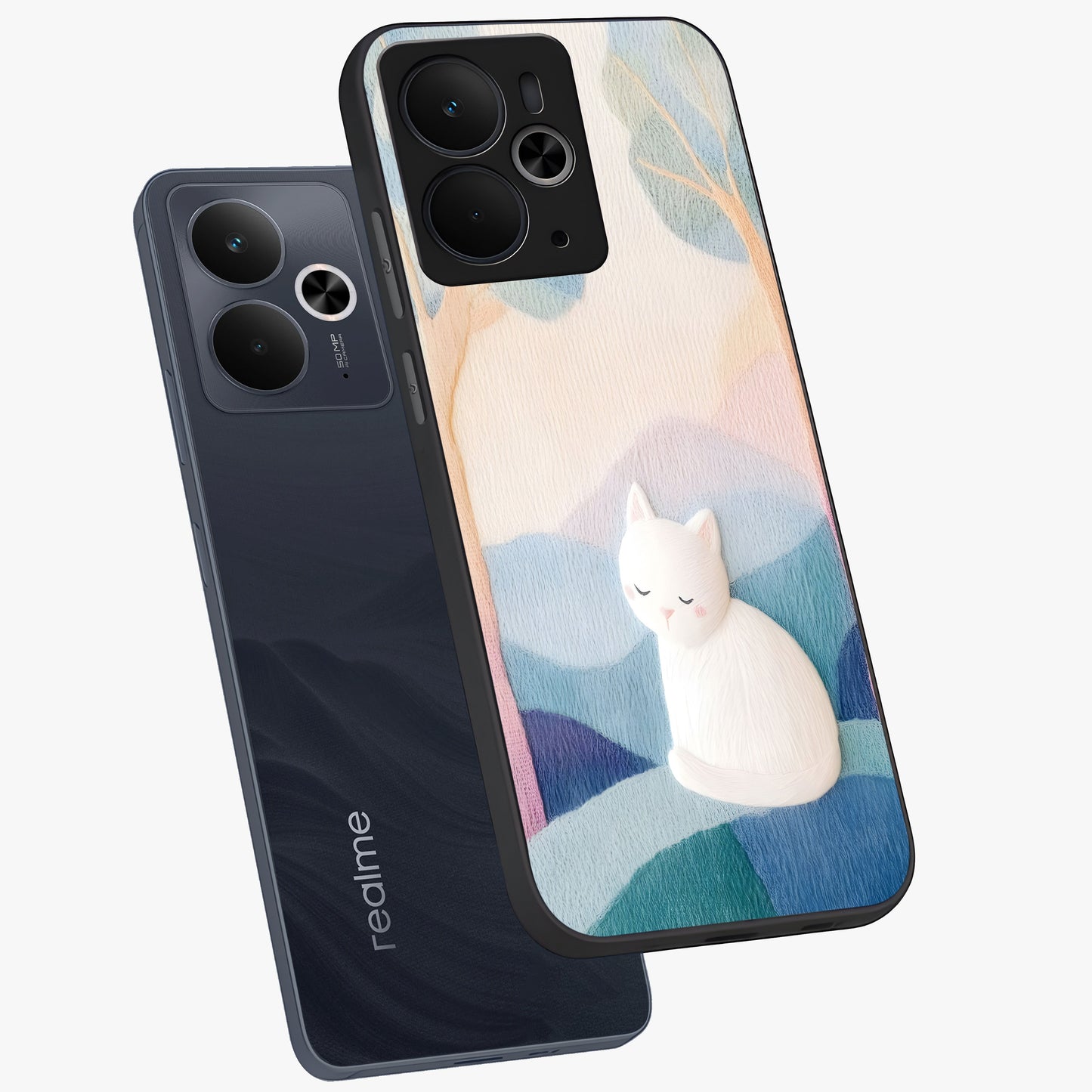 Cotton Dream Cat Glass Case displayed in angled mockup highlighting cute feline illustration with pastel aesthetic style.