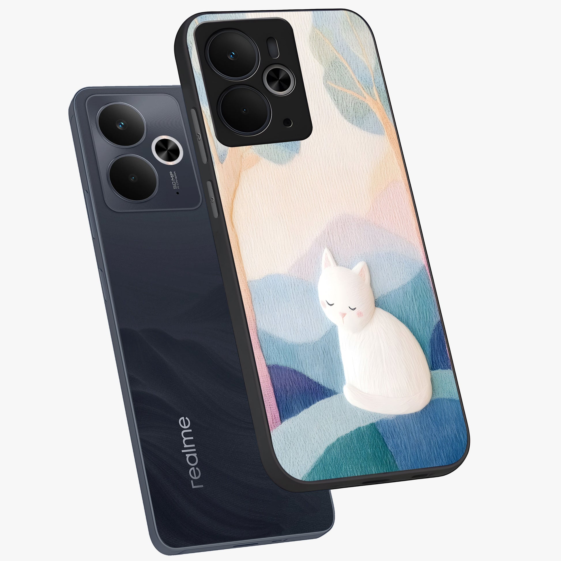 Cotton Dream Cat Glass Case displayed in angled mockup highlighting cute feline illustration with pastel aesthetic style.