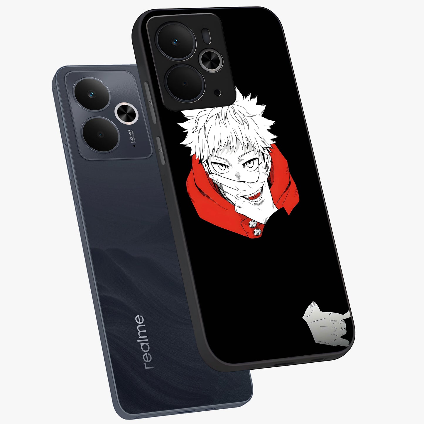 Crimson Chaos Smile Glass Case displayed in angled mockup highlighting edgy crimson smile design with graphic aesthetic.