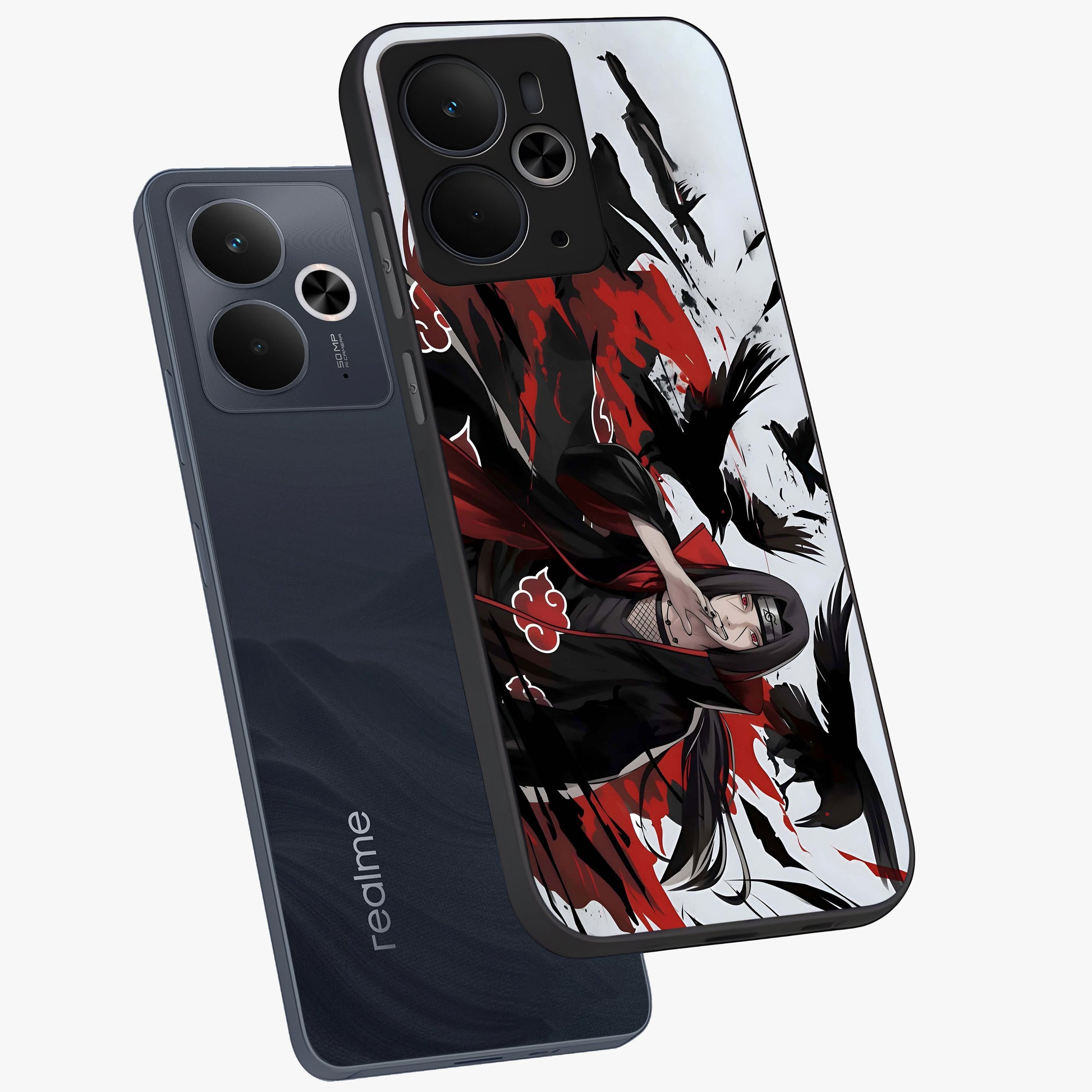 Crimson Crow Illusion Glass Case displayed in angled mockup highlighting mysterious crow graphic with dark aesthetic style.