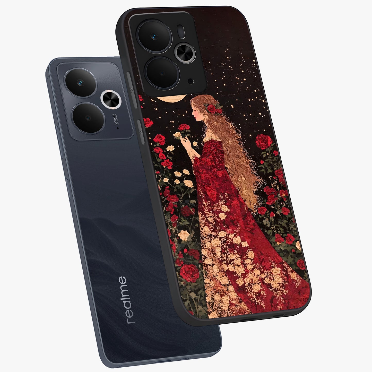 Crimson Dreams Glass Case displayed in angled mockup highlighting soft crimson aesthetic design with artistic theme.