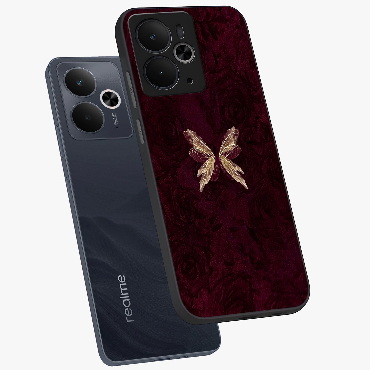 Crimson Fade Butterfly Glass Case displayed in angled mockup highlighting elegant butterfly design with crimson gradient aesthetic.