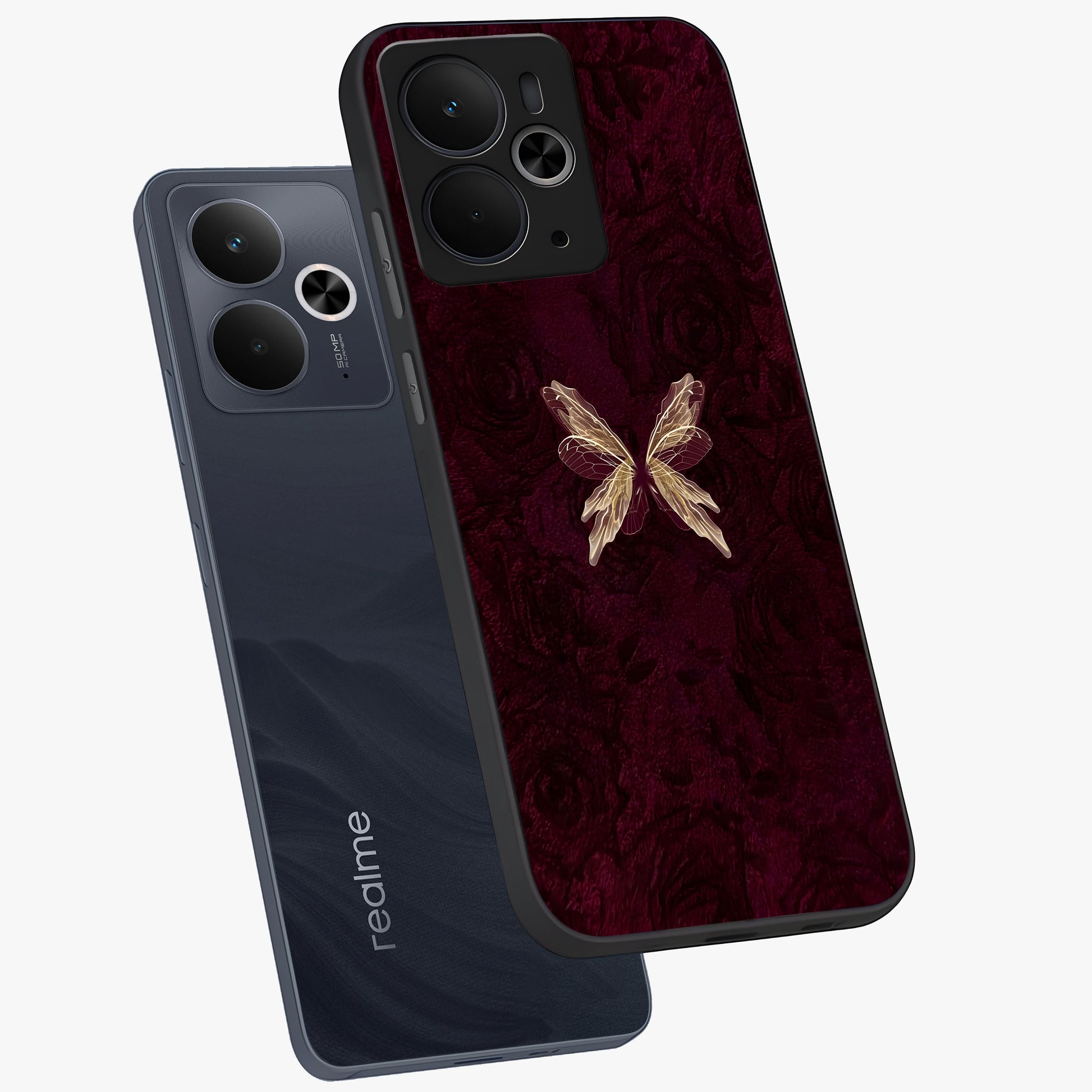 Crimson Fade Butterfly Glass Case displayed in angled mockup highlighting elegant butterfly design with crimson gradient aesthetic.