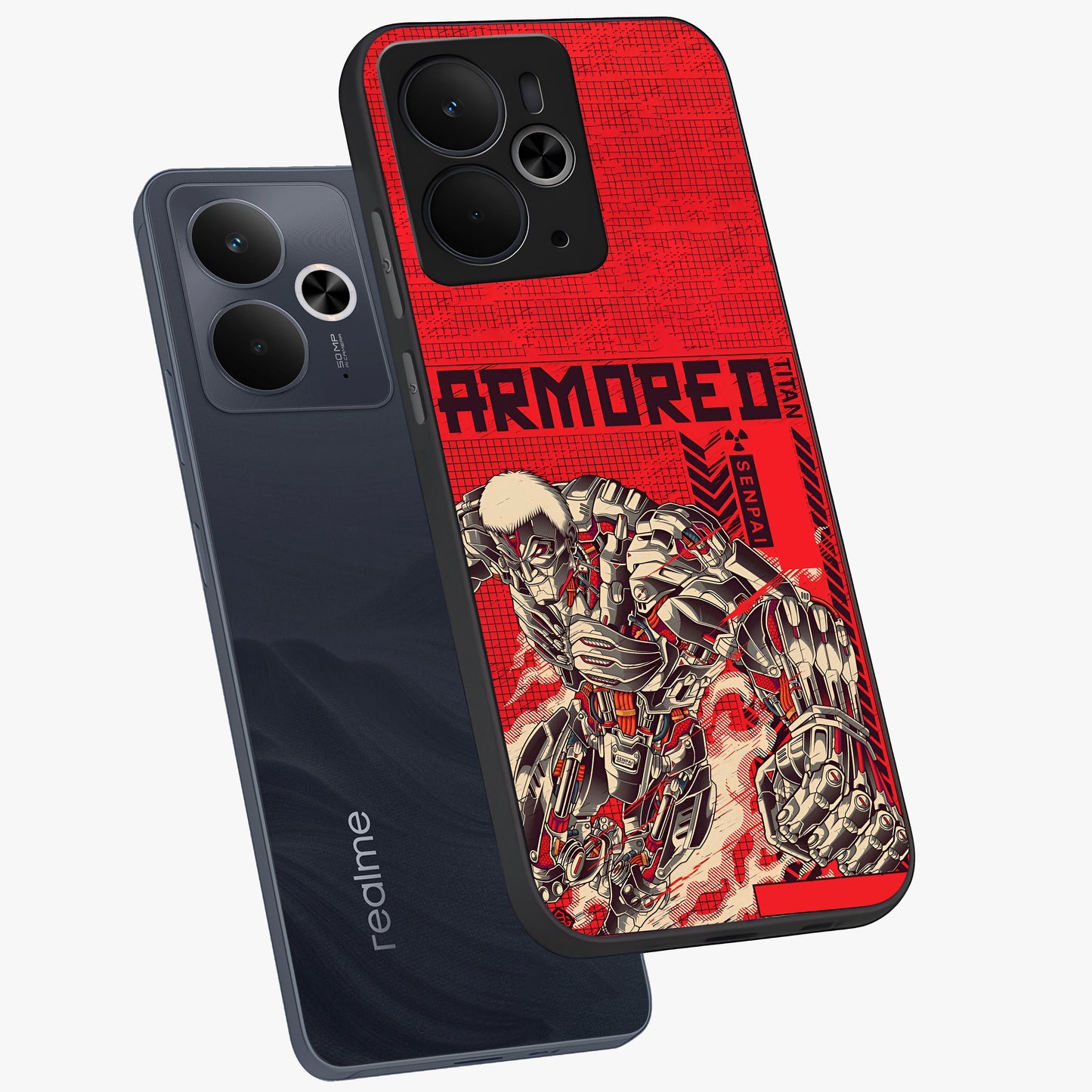 Crimson Mecha Titan Glass Case displayed in angled mockup highlighting futuristic mech illustration with bold crimson aesthetic.