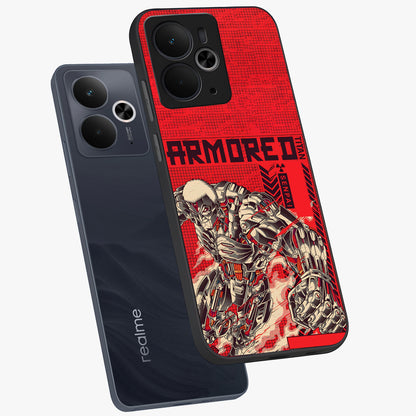 Crimson Mecha Titan Glass Case displayed in angled mockup highlighting futuristic mech illustration with bold crimson aesthetic.