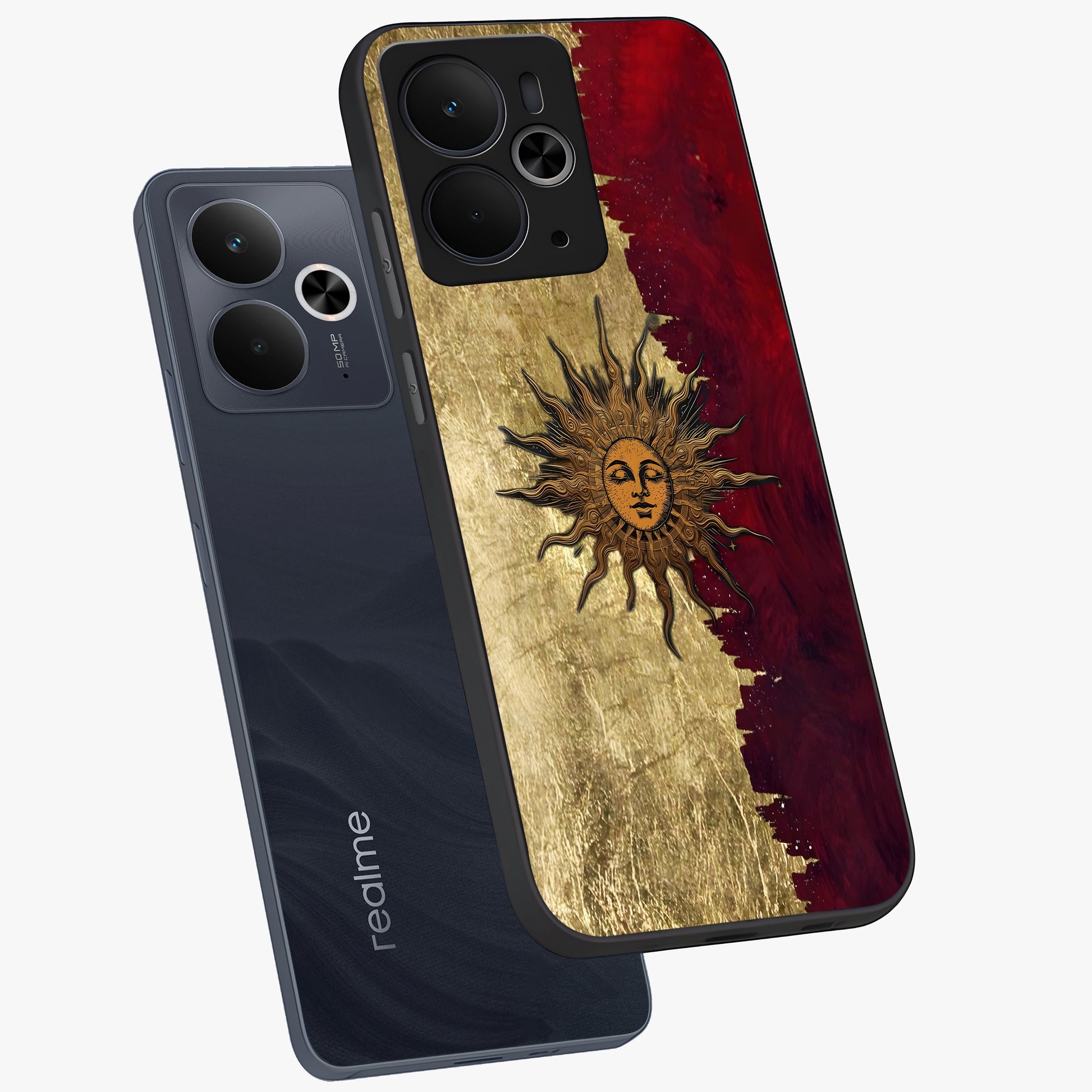 Crimson Sun Majesty Glass Case displayed in angled mockup highlighting majestic crimson sun design with bold aesthetic style.