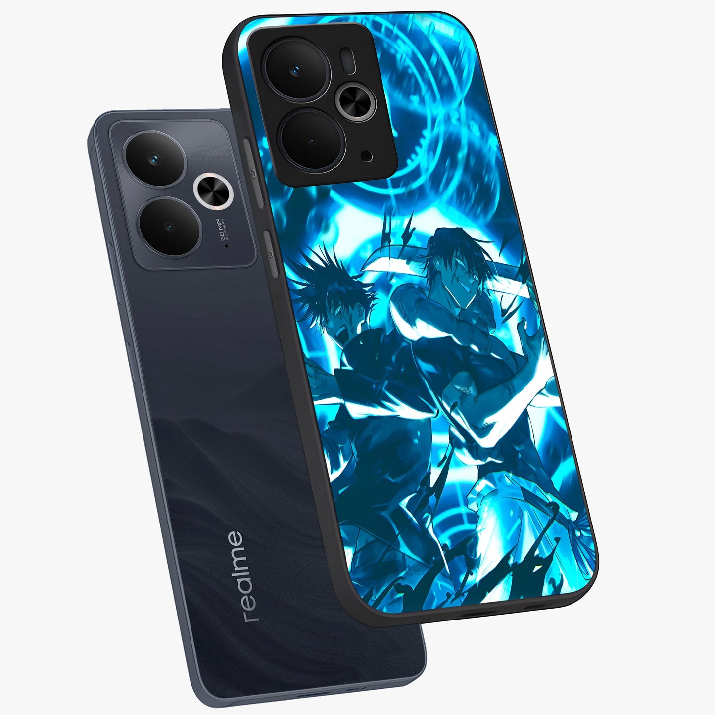 Cursed Energy Clash Glass Case displayed in angled mockup highlighting powerful battle inspired graphic with anime style aesthetic.