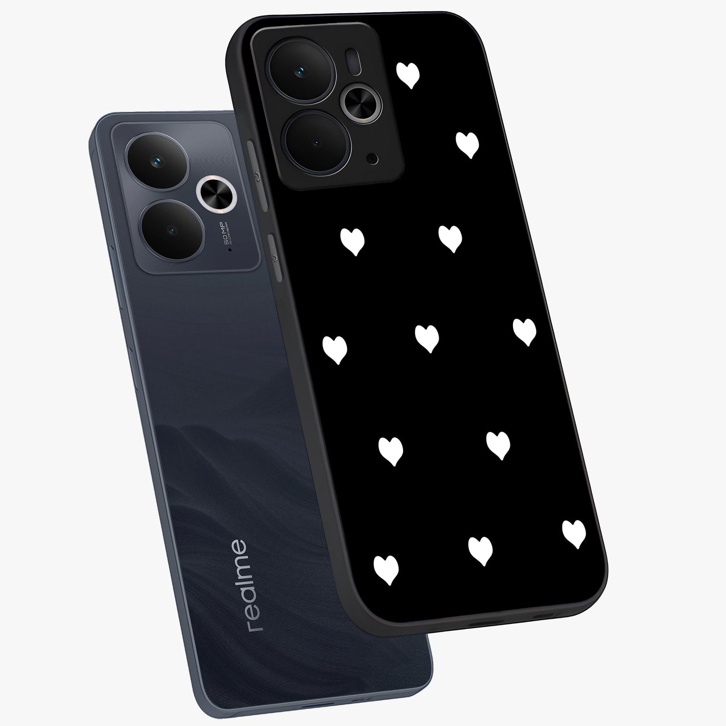 Cute And Simple White Hearts Glass Case displayed in angled mockup highlighting cute heart design with clean aesthetic style.
