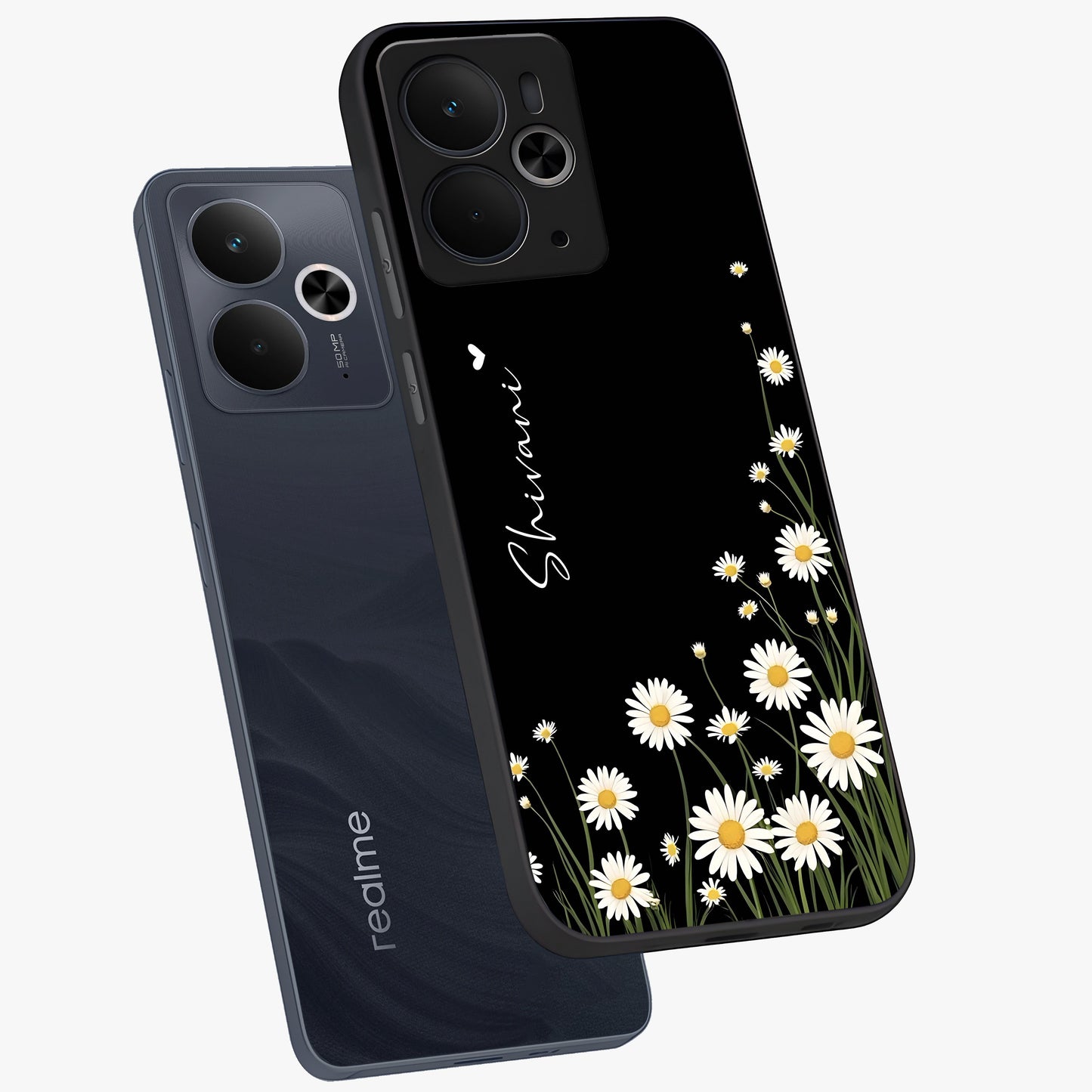 Daisy Cascade Custom Name Glass Case displayed in angled mockup highlighting delicate daisy artwork with custom name feature.