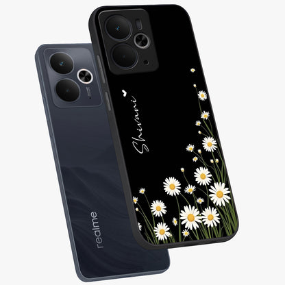 Daisy Cascade Custom Name Glass Case displayed in angled mockup highlighting delicate daisy artwork with custom name feature.