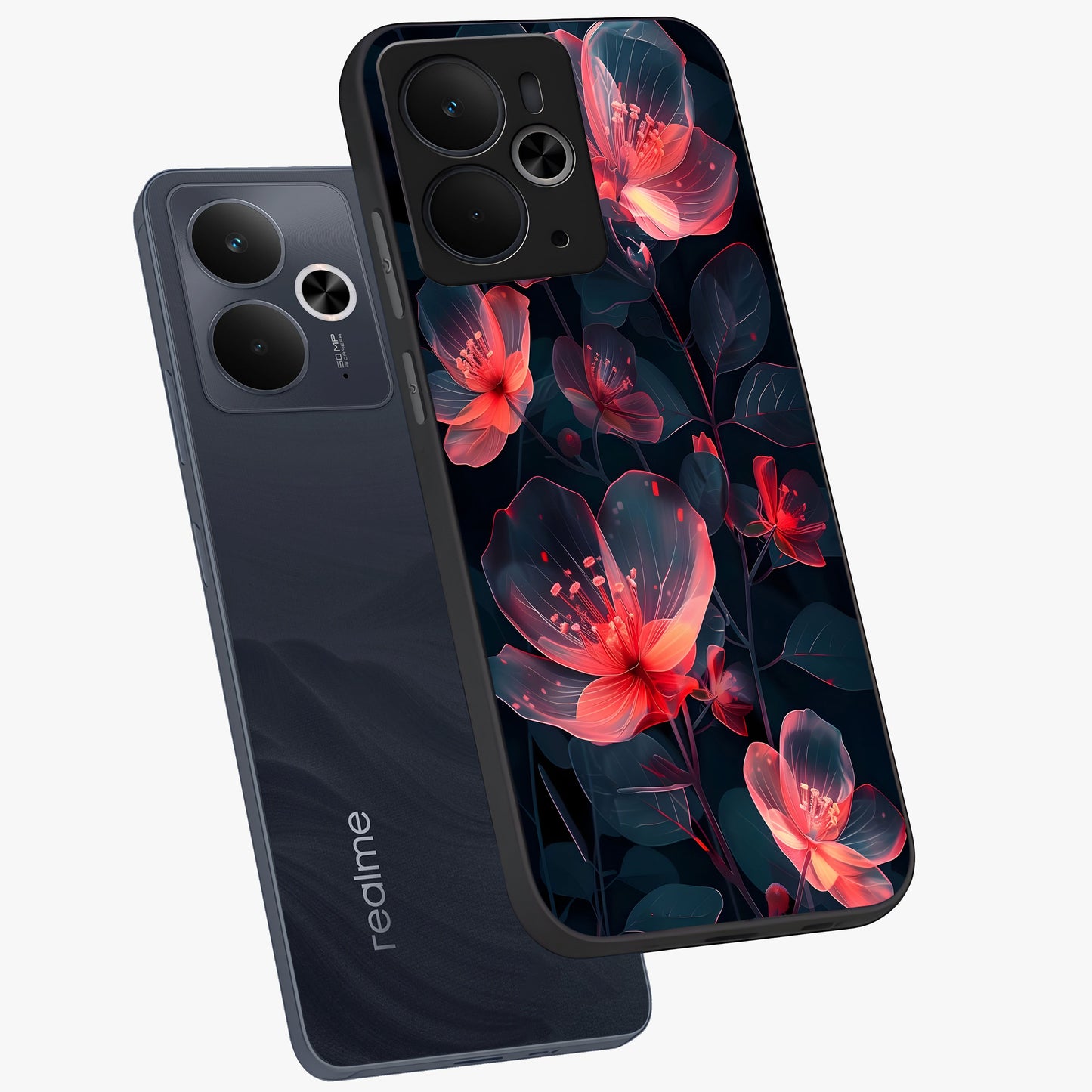 Dark Shade of Flower Glass Case displayed in angled mockup highlighting moody floral illustration with aesthetic dark tones.