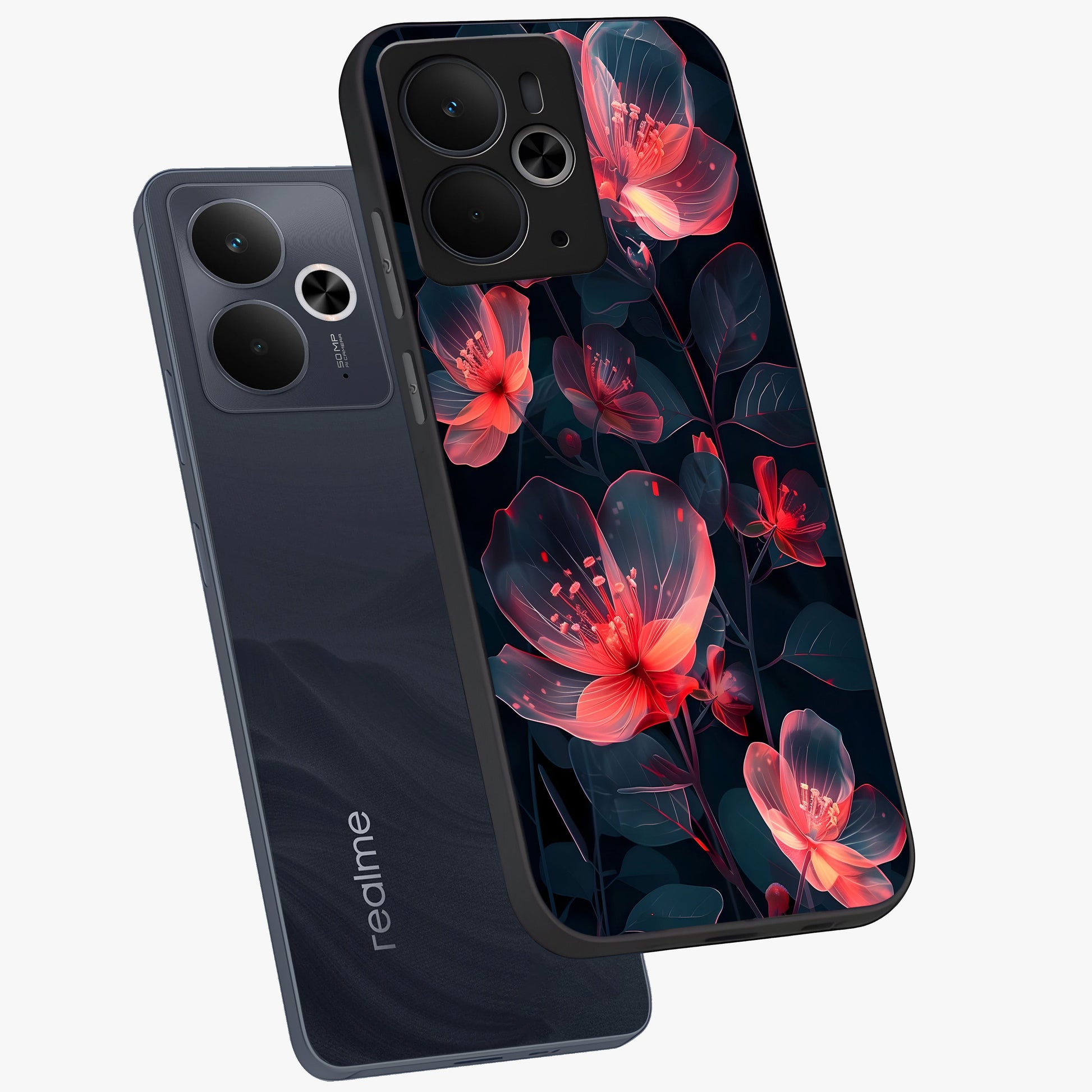 Dark Shade of Flower Glass Case displayed in angled mockup highlighting moody floral illustration with aesthetic dark tones.