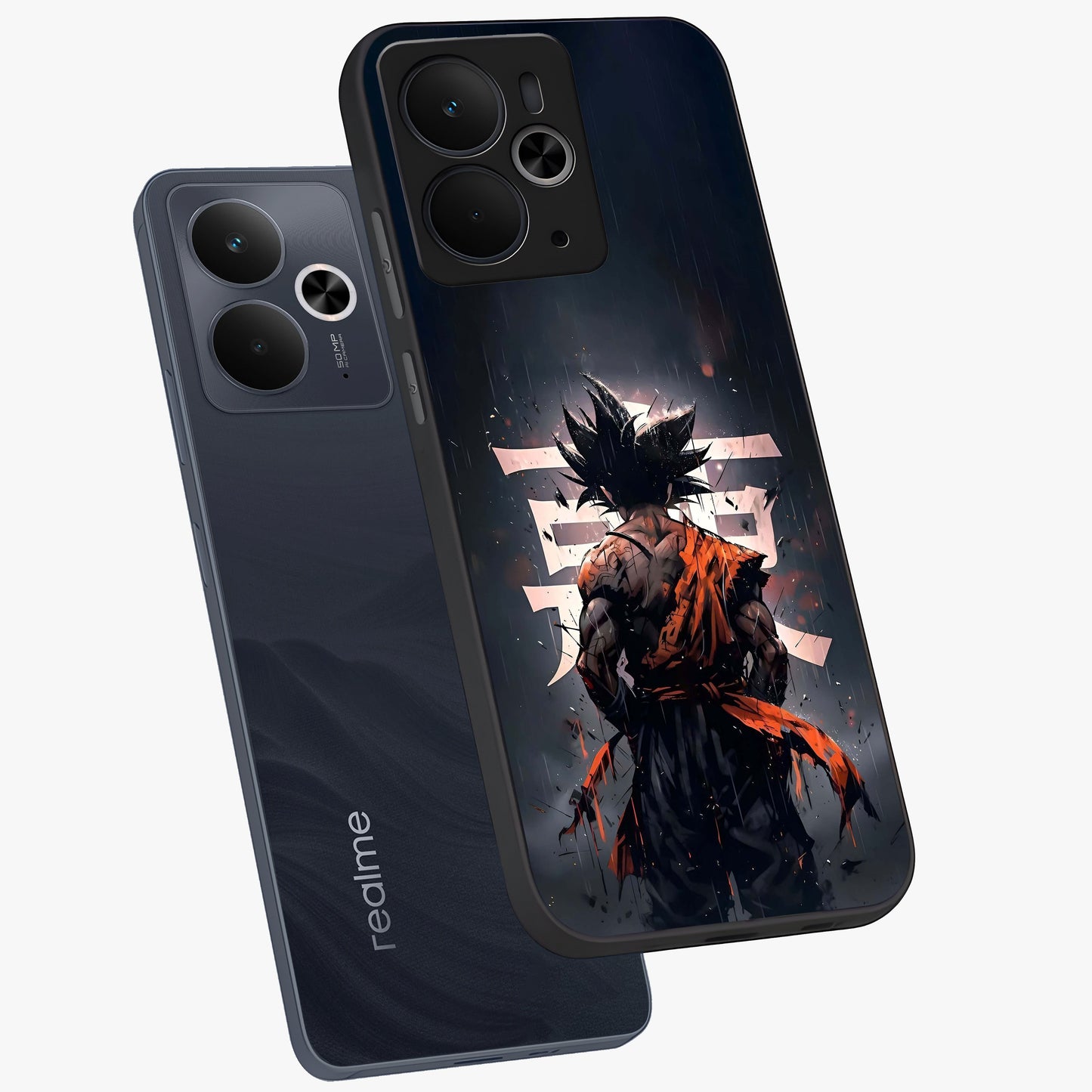 Dark Warrior In Rain Glass Case displayed in angled mockup highlighting dramatic warrior illustration with dark rain aesthetic.