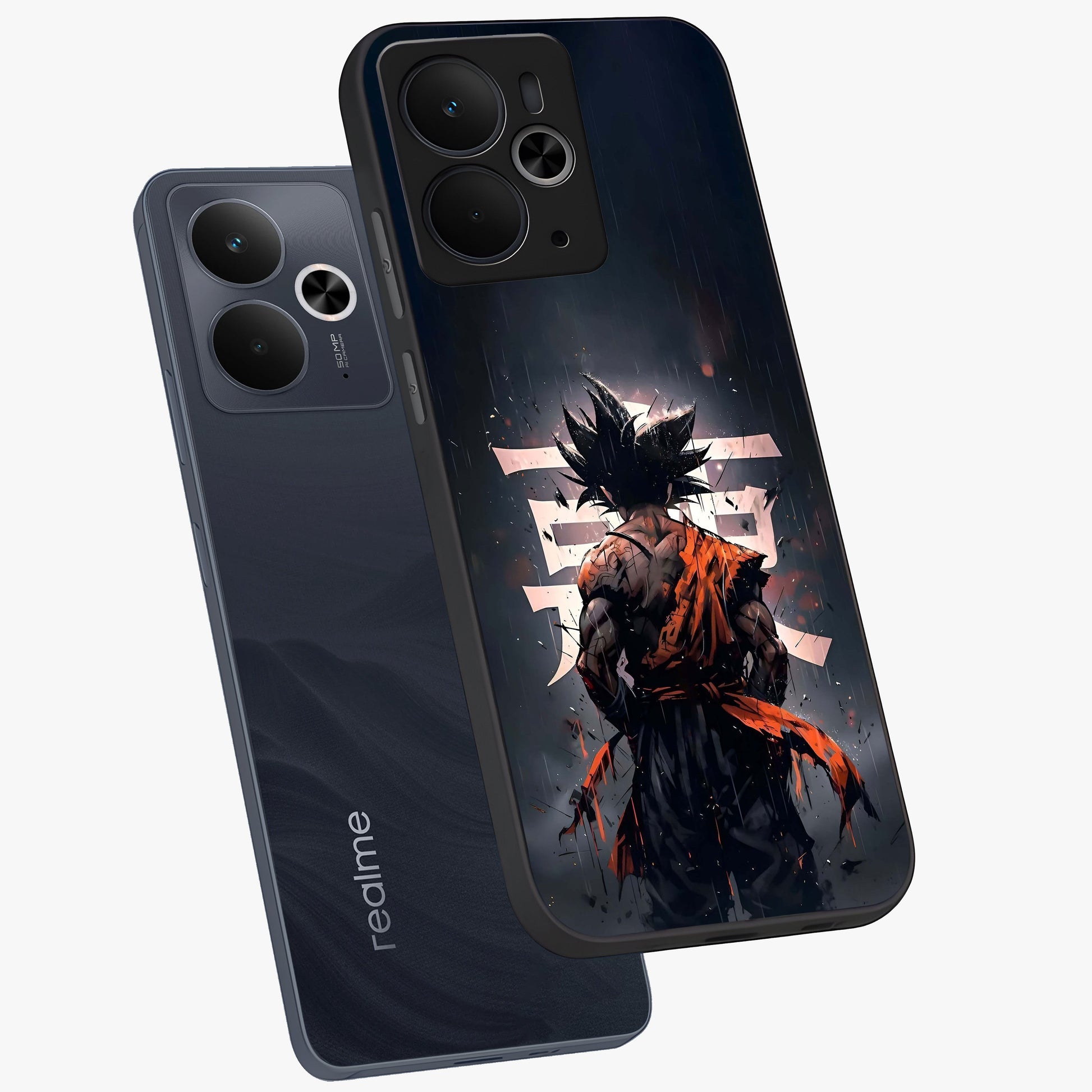 Dark Warrior In Rain Glass Case displayed in angled mockup highlighting dramatic warrior illustration with dark rain aesthetic.