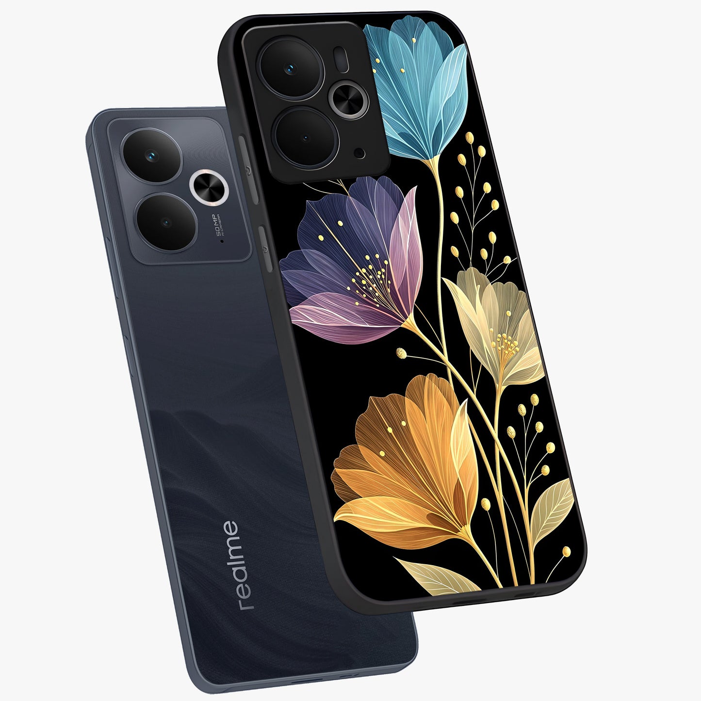 Delicate Multicolor Flowers Glass Case displayed in angled mockup highlighting colorful flower pattern with soft aesthetic style.