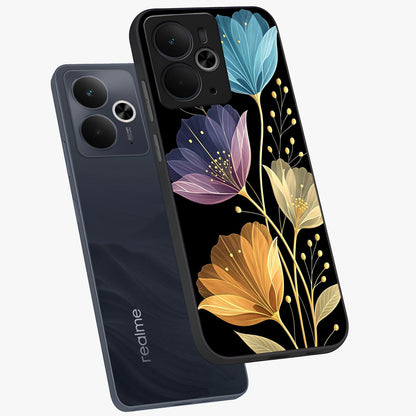 Delicate Multicolor Flowers Glass Case displayed in angled mockup highlighting colorful flower pattern with soft aesthetic style.